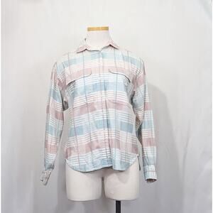 Vintage 80s Blouse Pink Aqua Blue White Plaid Top Size Petite Small PS Lizsport